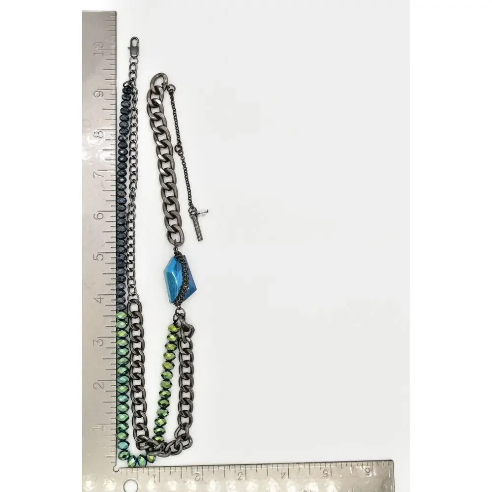 Kenneth Cole Crystal Beaded Necklace Multi-Layered Gunmetal Blue Green BinBD